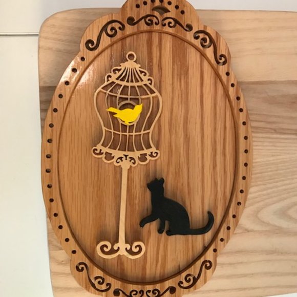 Unique Cat & Bird in Cage 3D Wood Scroll Saw Cutout ~ Handmade - Picture 2 of 12